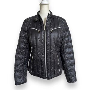 Laundry by Shelli Segal Black Moto Style Down Puffer Jacket | Size Large